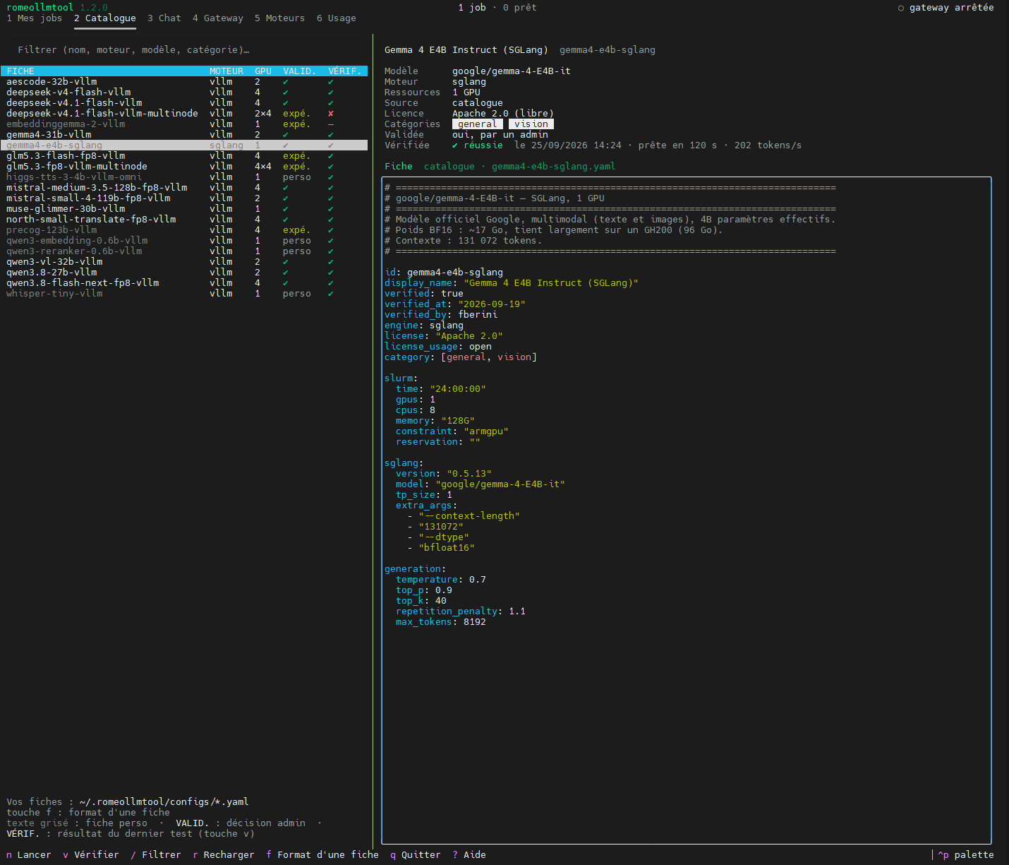 Aperçu de l'interface terminal : onglet Catalogue, liste des fiches et détail
