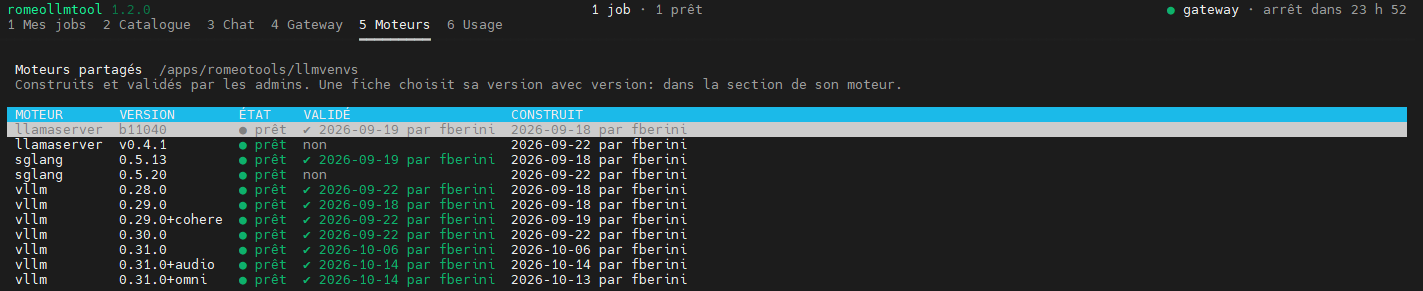 Onglet Moteurs : liste des moteurs partagés avec leur version, état et validation