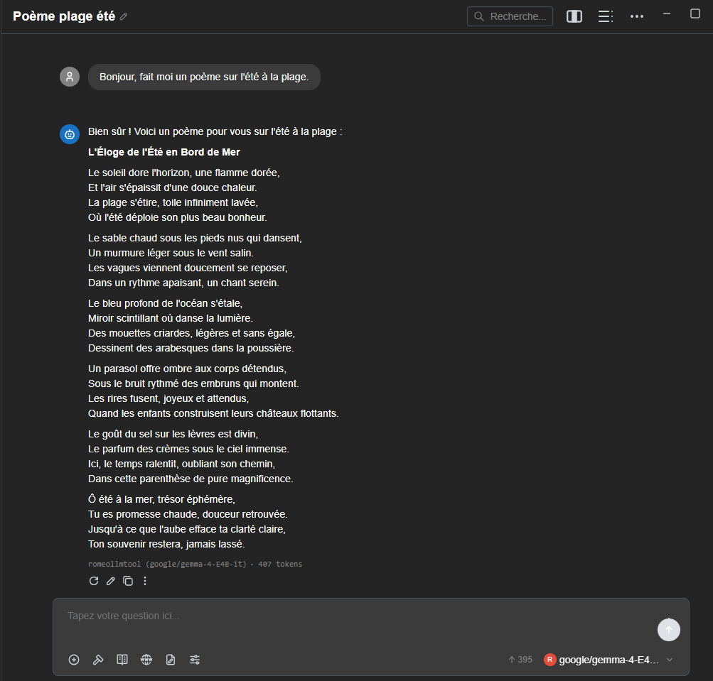 Conversation dans OpenCode utilisant un modèle servi par romeollmtool via la gateway