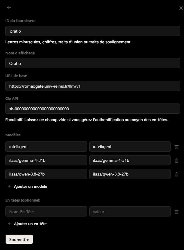 Formulaire de fournisseur personnalisé rempli : ID oratio, URL de base, clé, trois modèles