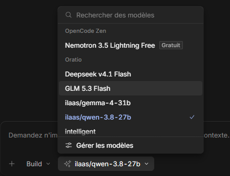Sélecteur de modèle d'OpenCode, groupe Oratio avec ilaas/qwen-3.8-27b coché
