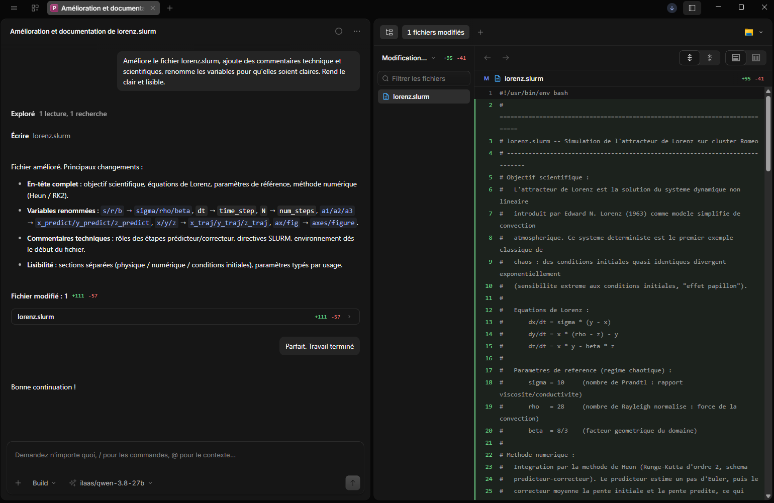 OpenCode Desktop : demande d'amélioration de lorenz.slurm, résumé des changements et diff à droite