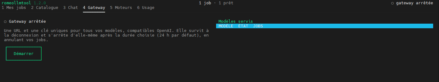 Onglet Gateway à l'arrêt : bouton Démarrer et tableau des modèles servis, vide